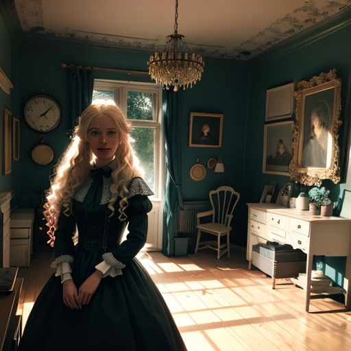 a woman in a long dress standing in a room with a clock on the wall and a chandelier