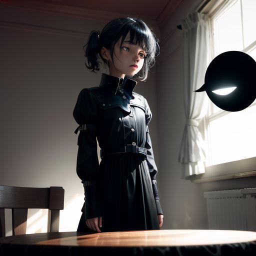 a woman in a black dress standing in front of a table with a black light shining on her face