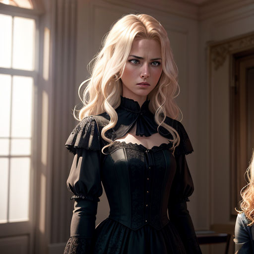 a woman in a black dress standing next to another woman in a black dress and a window with a curtain