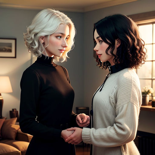 two women standing next to each other in a living room with a couch and a lamp on the wall