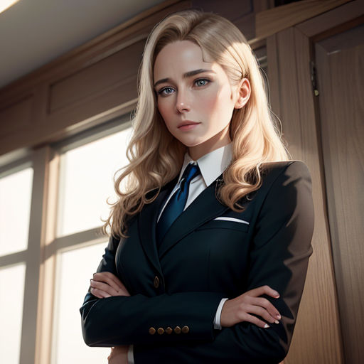 a woman in a suit and tie standing in front of a window with her arms crossed and her arms crossed