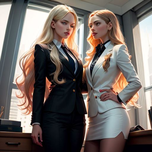 two women in suits standing next to each other in front of a window with a city view behind them