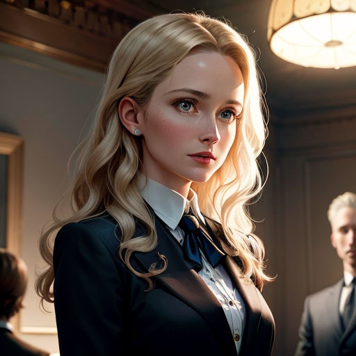 a woman in a suit and tie standing next to a man in a suit and tie in a room