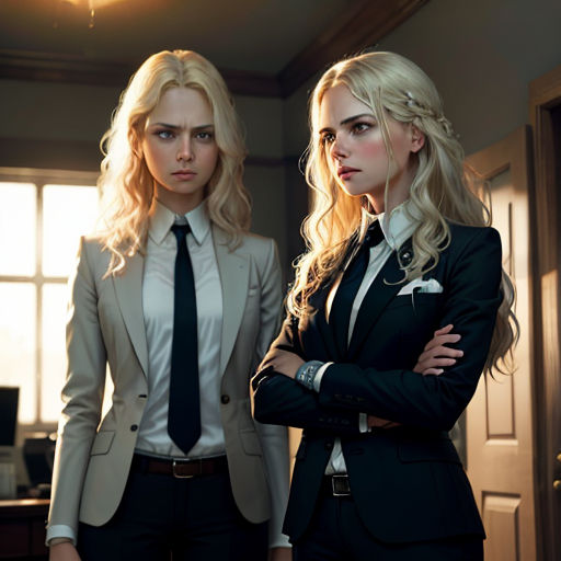 two women in suits standing next to each other in a room with a door and a window in the background