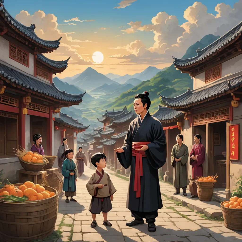 a painting of a man and a child in a courtyard with a mountain in the background and a sky with clouds, magical realism, a storybook illustration, Christophe Vacher, storybook illustration