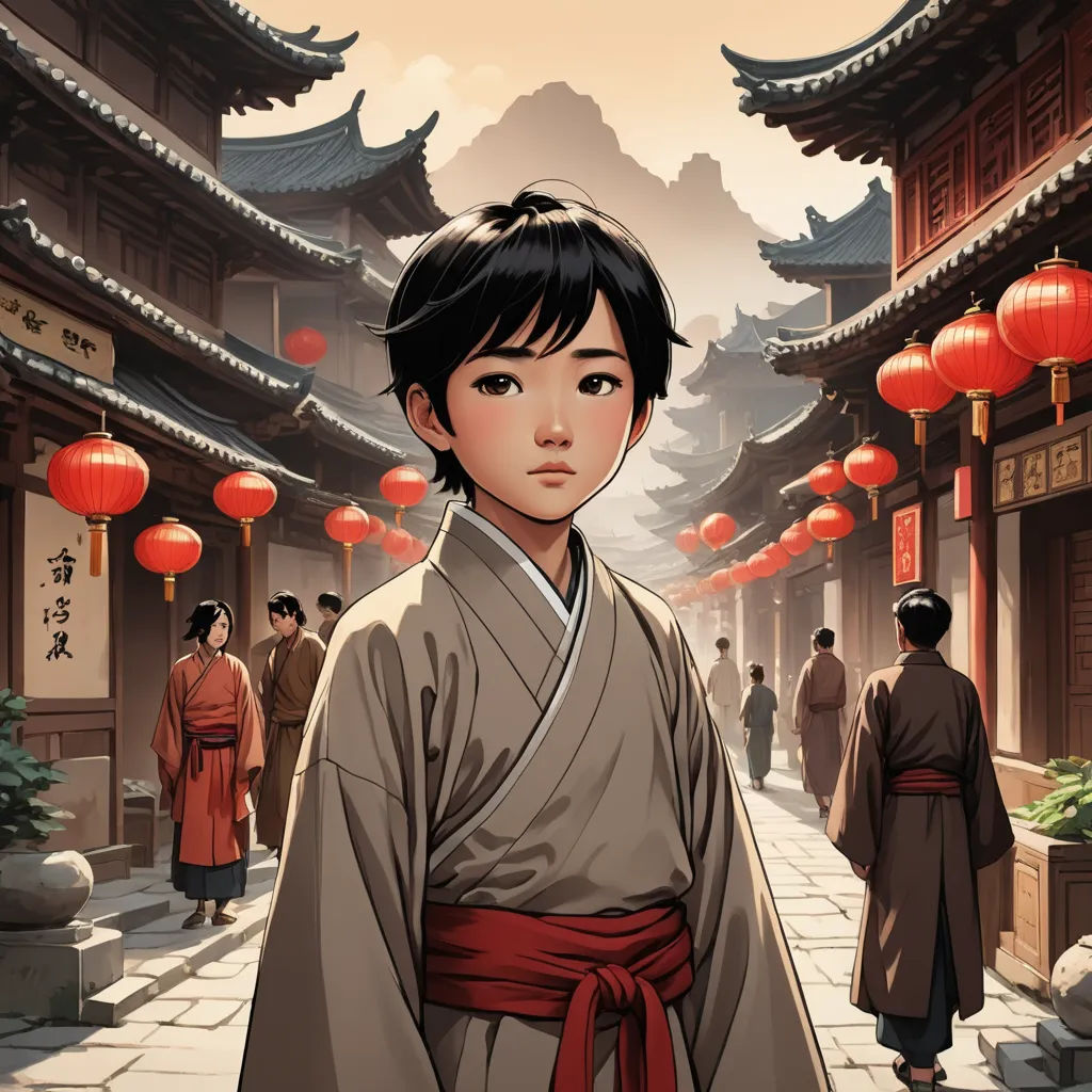 a young asian girl in a kimono standing in a courtyard with lanterns hanging above her head and a man in a kimono standing in front of her, fantasy art, a comic book panel, Drew Struzan, official art