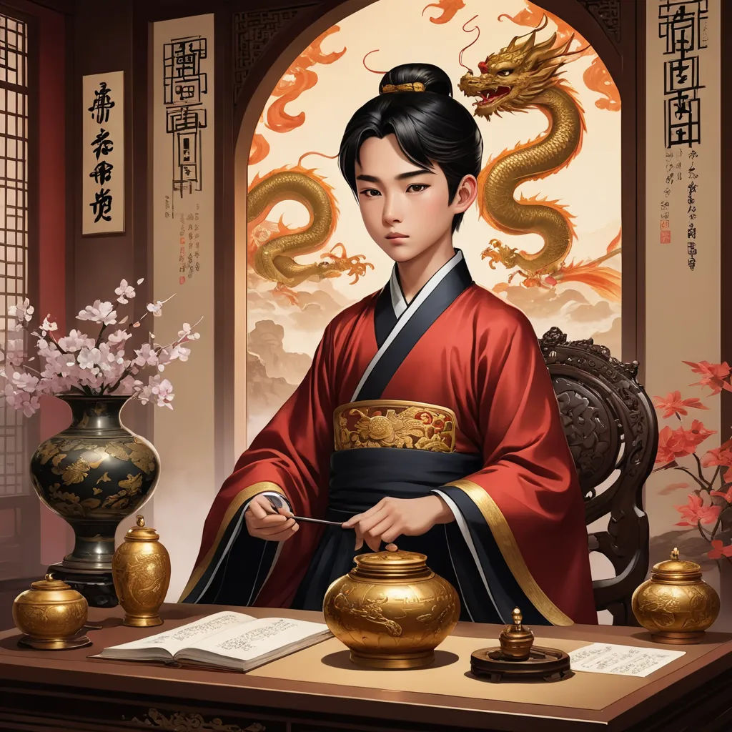 a painting of a woman in a kimono holding a chopstick in front of a vase with a dragon on it, cloisonnism, a character portrait, Emperor Huizong of Song, trending on art station