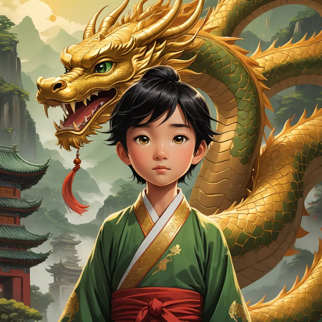 a young boy in a green and gold kimono with a dragon on his head and a pagoda in the background, cloisonnism, a storybook illustration, Arthur Pan, orientalism