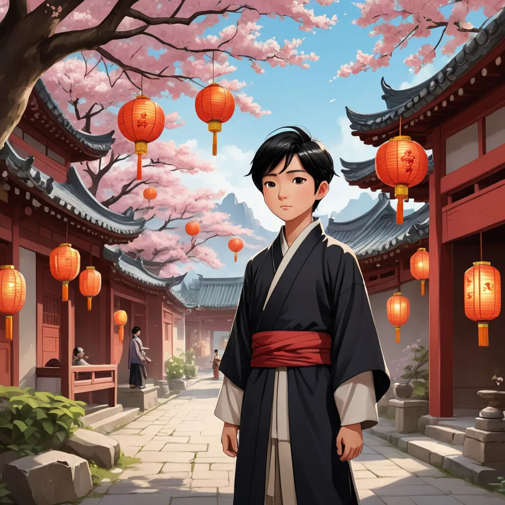 a man in a kimono standing in front of a tree with lanterns hanging from it's branches, cloisonnism, concept art, Chen Hong, official art