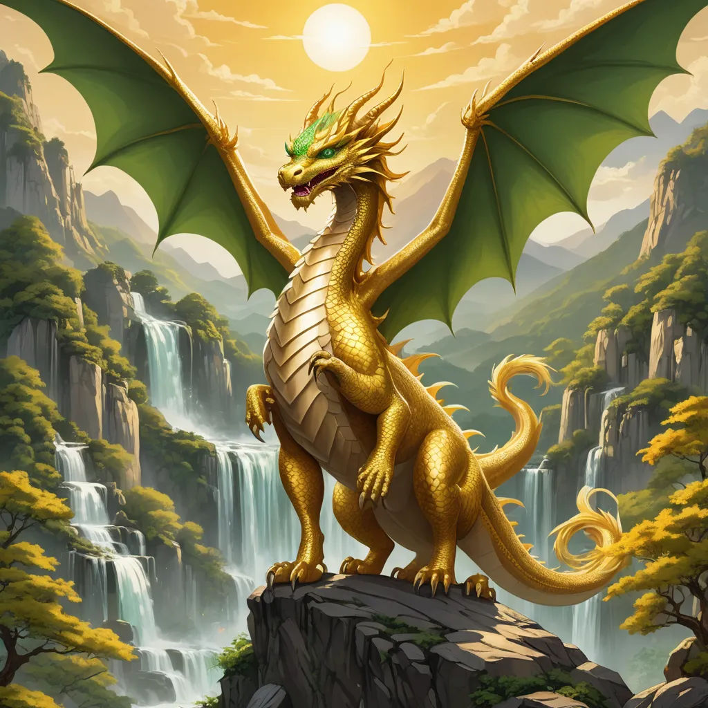 a golden dragon sitting on top of a rock next to a waterfall with a waterfall in the background and a sun in the sky, fantasy art, an ultrafine detailed painting, Anne Stokes, dragon art