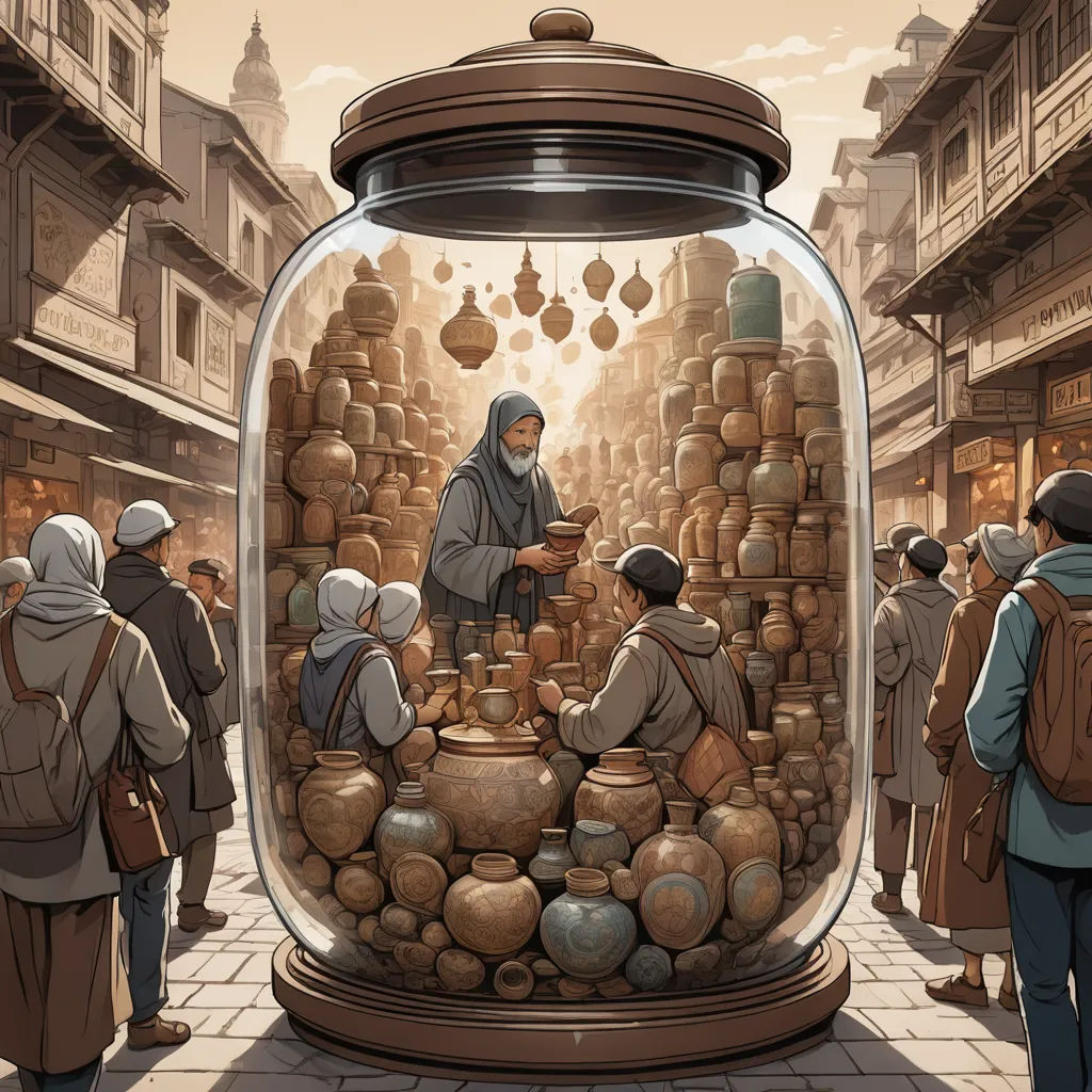 a painting of a man in a glass jar with people around it and a crowd of people standing around, cloisonnism, a storybook illustration, Chris LaBrooy, orientalism