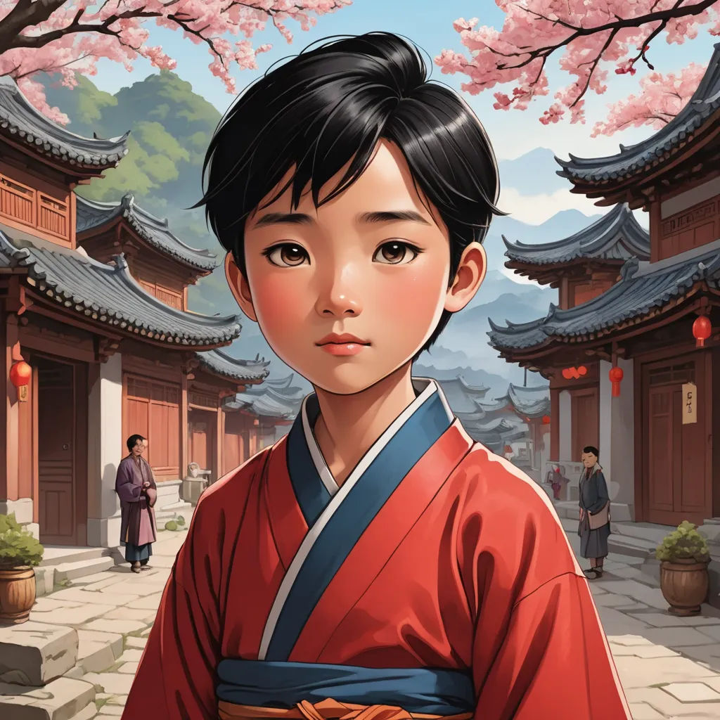 a young asian girl in a red kimono standing in front of a cherry blossom tree in a chinese courtyard, cloisonnism, a character portrait, Drew Struzan, kinkade