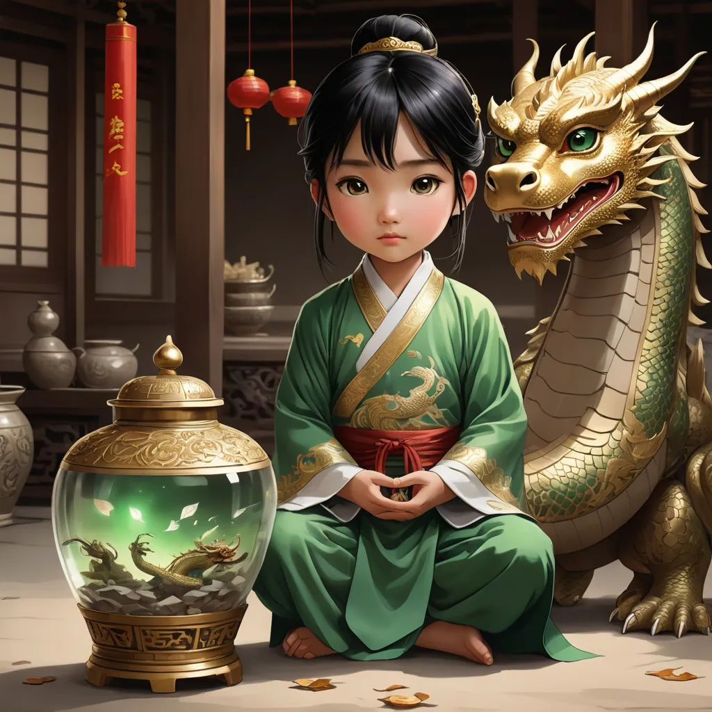 a girl sitting next to a dragon in a room with gold decorations and a fish bowl in front of her, fantasy art, a storybook illustration, Chen Chun, stanley artgerm lau