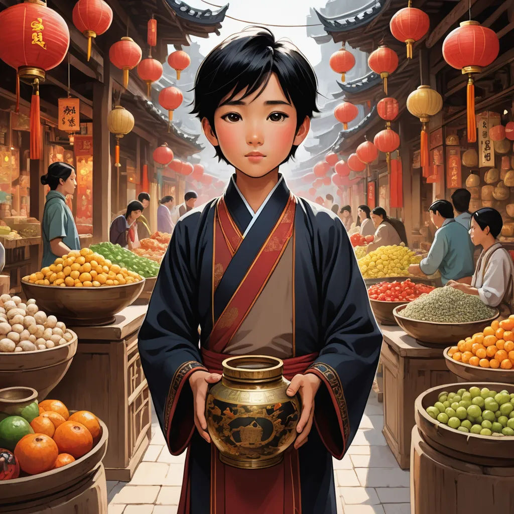 a painting of a woman holding a bowl of food in a market with asian lanterns hanging above her and a man standing in front of her, cloisonnism, a storybook illustration, Drew Struzan, orientalism