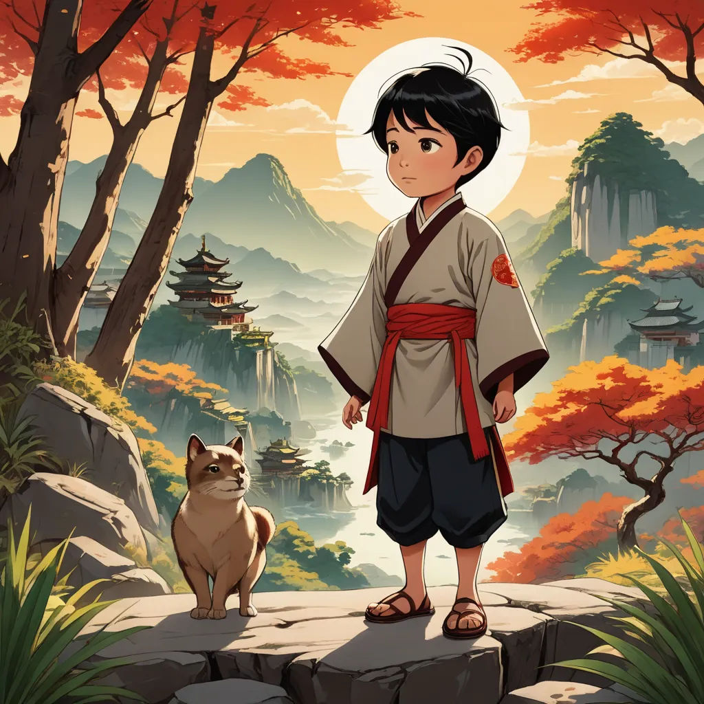 a boy in a kimono standing next to a dog on a rock with a mountain in the background, sots art, concept art, Cliff Childs, official art