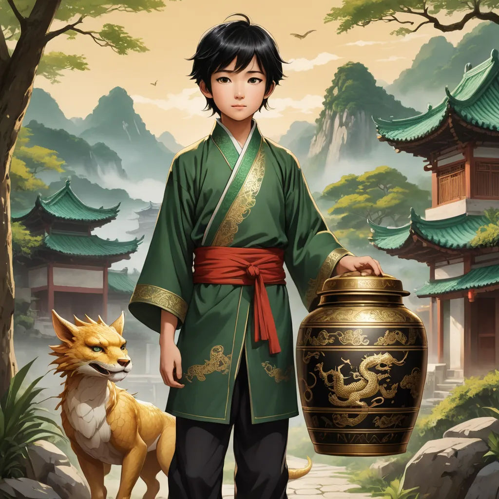 a boy in a green and gold outfit holding a large vase and a dog standing next to him in front of a painting of a pagoda, cloisonnism, a storybook illustration, Chen Hong, official art