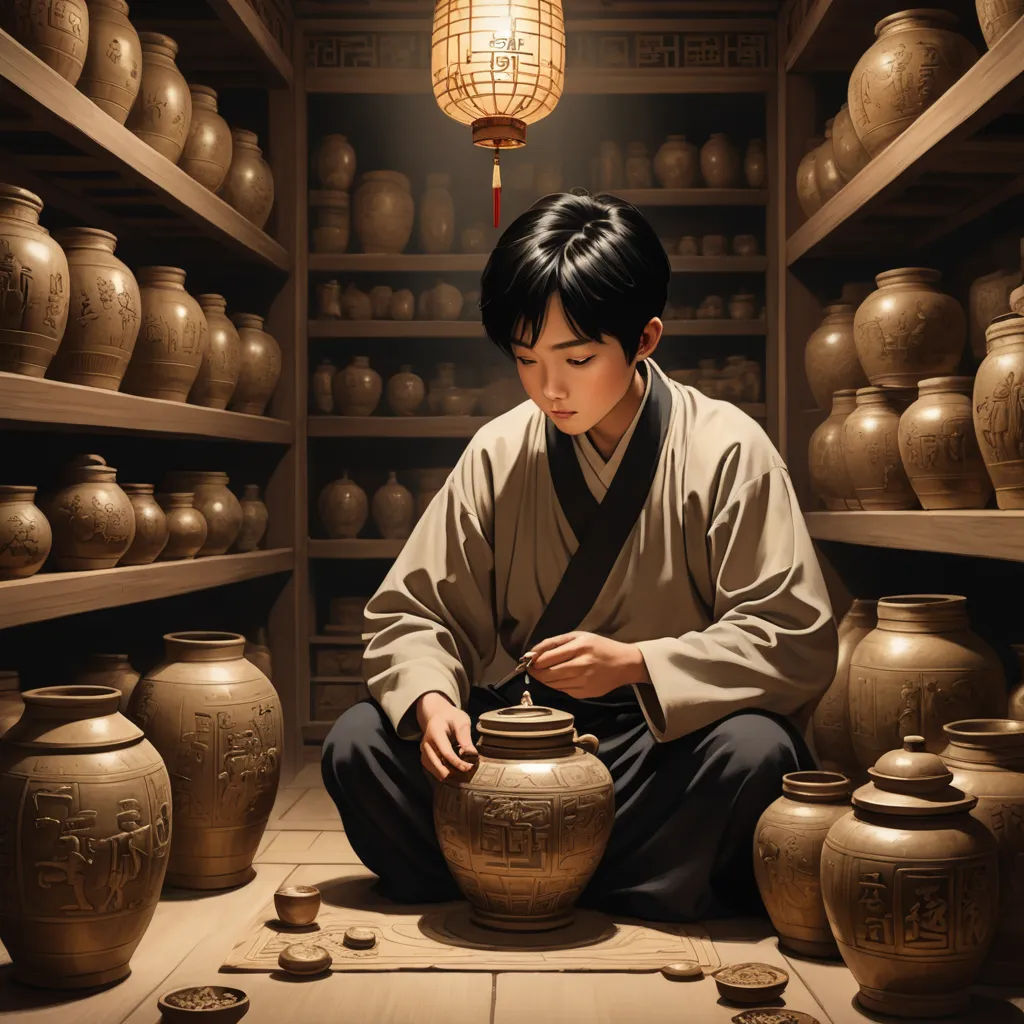 a woman sitting on the floor in front of a shelf of vases and jars with a lantern hanging above, cloisonnism, a photorealistic painting, Chen Hong, highly detailed digital painting