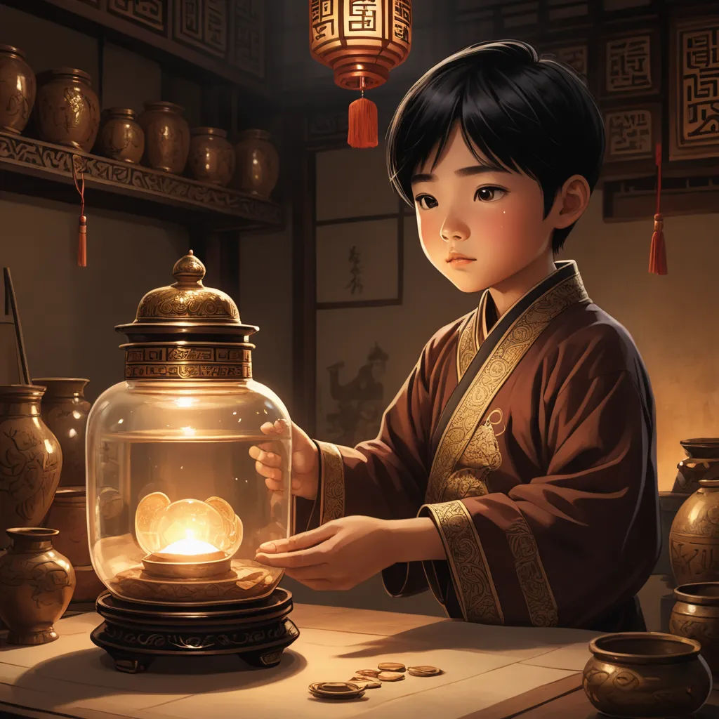 a young boy holding a lantern in a room with other items on the table and a lantern in the middle of the room, cloisonnism, a storybook illustration, Aaron Jasinski, stanley artgerm lau