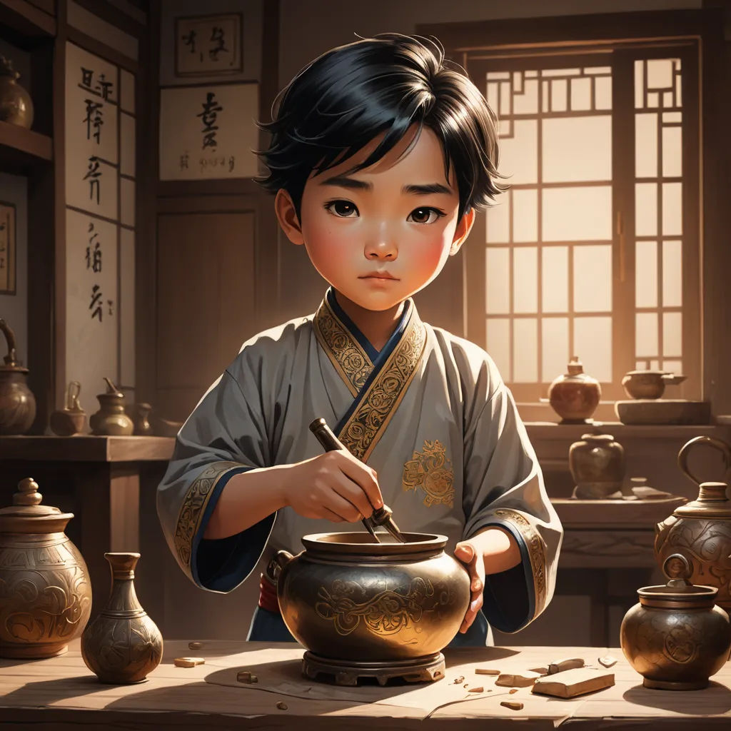 a painting of a young boy in a chinese costume holding a bowl and writing on a piece of paper, cloisonnism, a storybook illustration, Aaron Jasinski, stanley artgerm lau