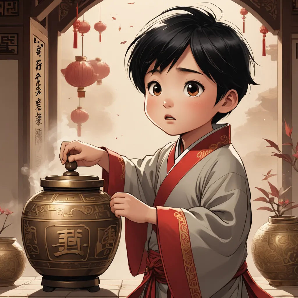 a boy in a chinese outfit holding a pot with a chinese writing on it and a chinese lantern in the background, cloisonnism, a storybook illustration, Arthur Pan, stanley artgerm lau
