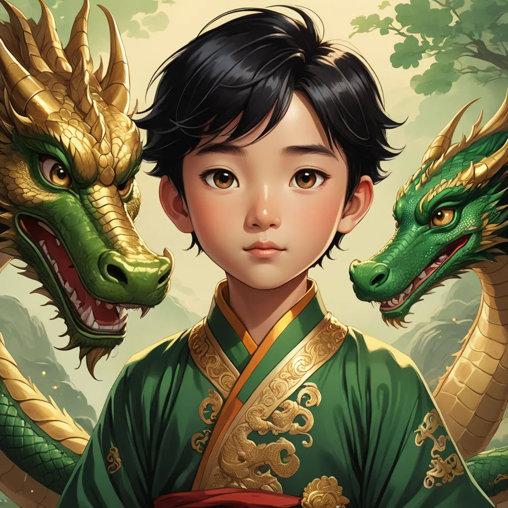 a young boy in a green and gold outfit with two green dragon heads on his shoulders and a green dragon head on his shoulder, cloisonnism, a storybook illustration, Du Jin, stanley artgerm lau