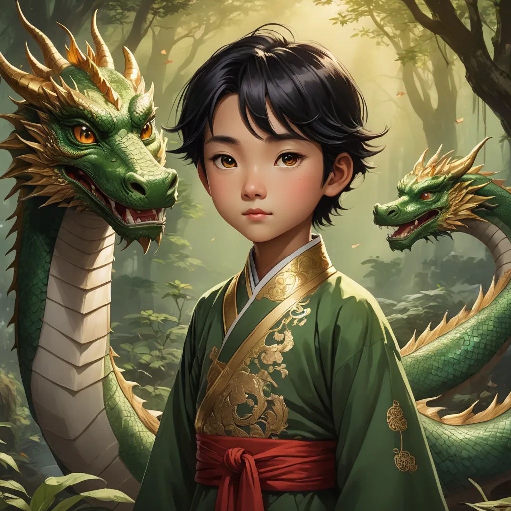 a young boy in a green kimono with a dragon on his shoulder and a green dragon on his shoulder, fantasy art, a storybook illustration, Chen Chun, stanley artgerm lau