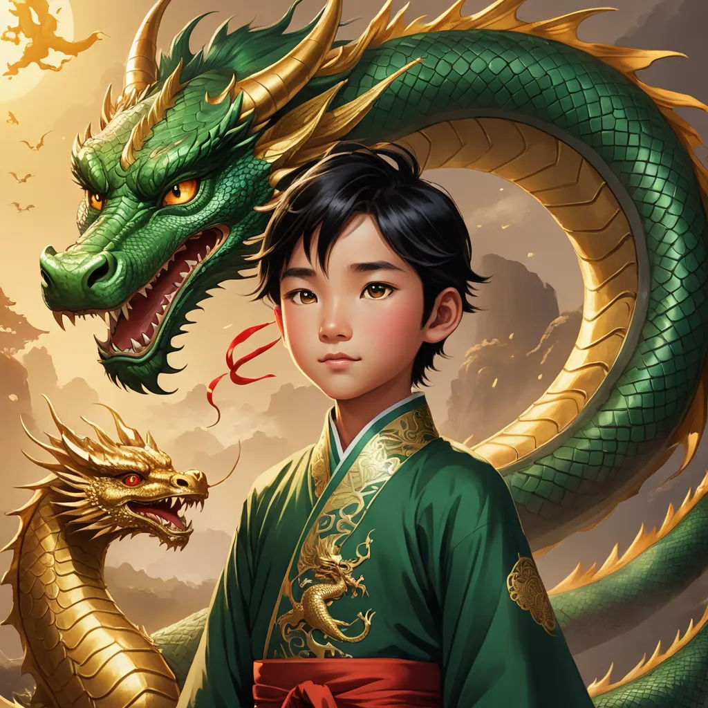 a young boy in a green kimono with a dragon on his shoulder and a red ribbon around his neck, cloisonnism, a storybook illustration, Du Jin, stanley artgerm lau