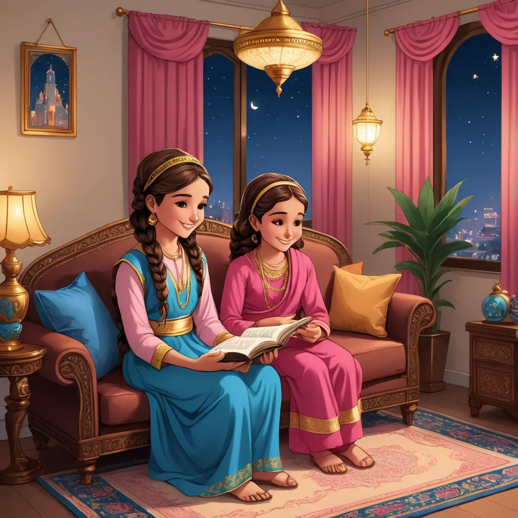 a painting of two girls sitting on a couch reading a book together in a living room with a window and a lamp, samikshavad, a storybook illustration, Anthony Devas, storybook illustration