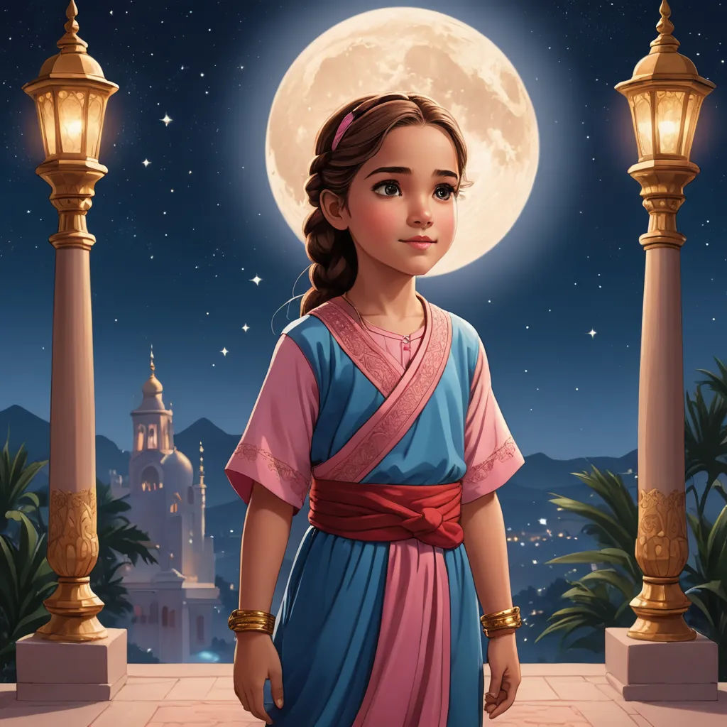 a girl in a blue and pink dress standing in front of a full moon and a lamp post with a palm tree, hurufiyya, a storybook illustration, Ella Guru, promotional image