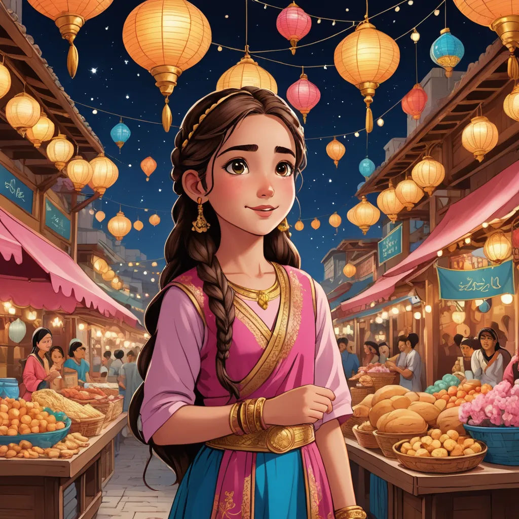 a girl in a colorful dress standing in front of a market with lanterns hanging from the ceiling and a basket of fruit on the table, magical realism, a storybook illustration, Ella Guru, rossdraws global illumination