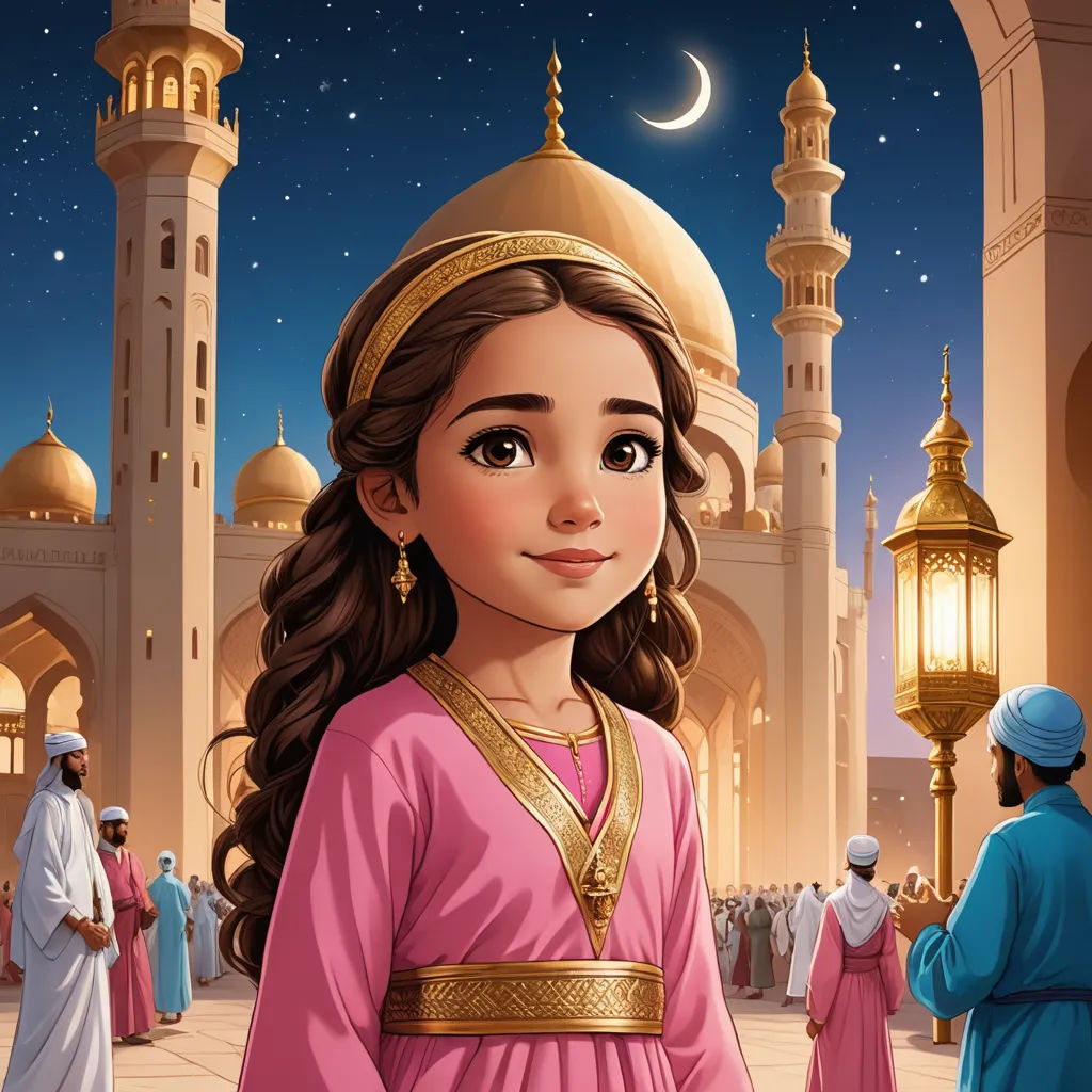 a cartoon girl in a pink dress standing in front of a mosque with a crescent moon in the background, hurufiyya, a storybook illustration, Altoon Sultan, orientalism