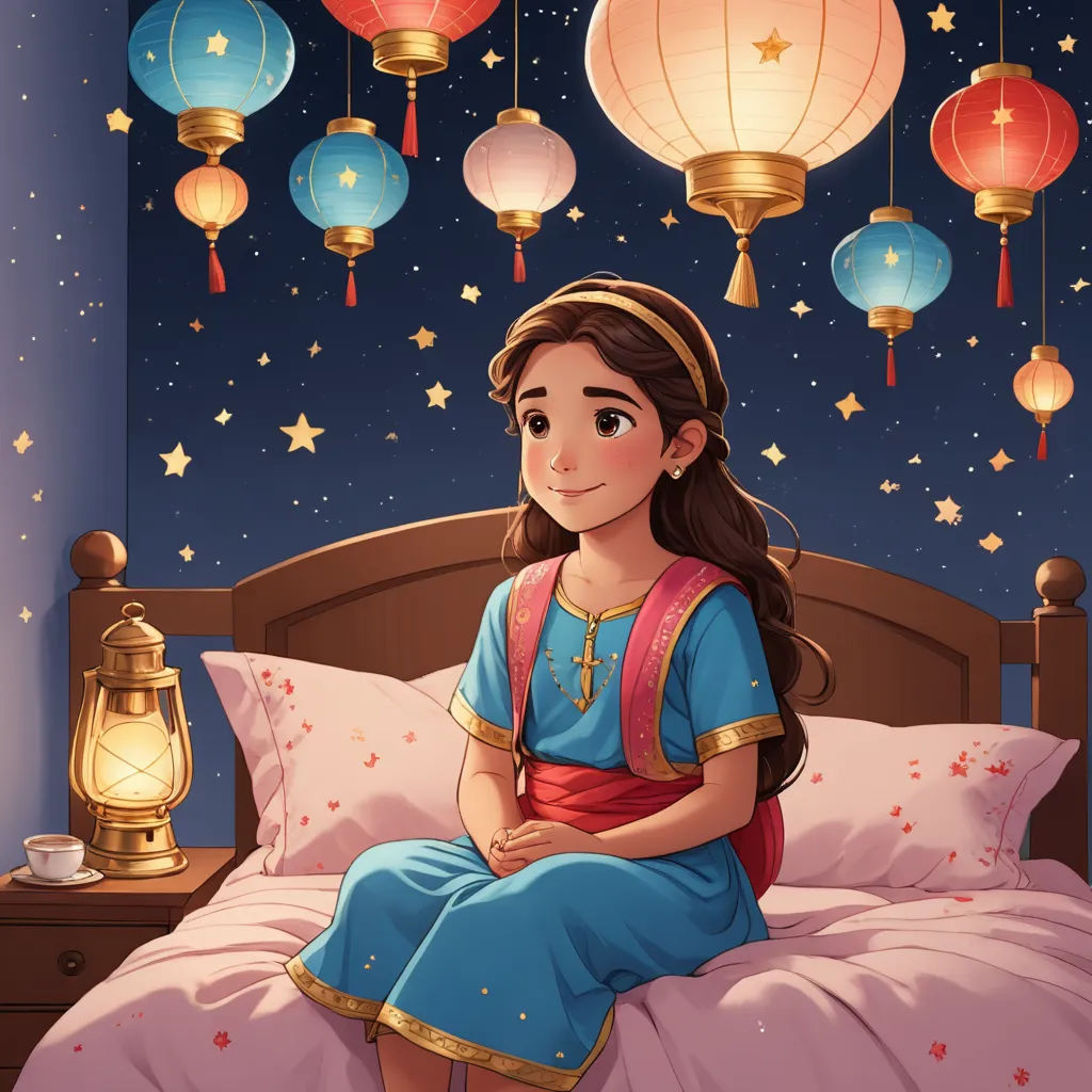 a girl sitting on a bed in a room with lanterns hanging above her head and a lamp on the wall, magical realism, a storybook illustration, disney, rossdraws global illumination