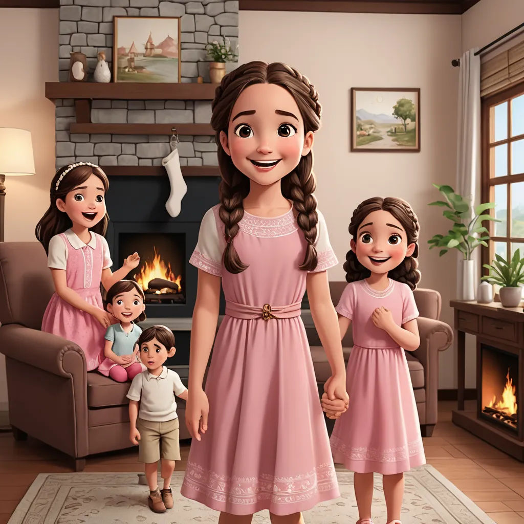 a family of three standing in front of a fireplace in a living room with a fireplace and a fireplace mantel, sots art, a digital rendering, disney, official art
