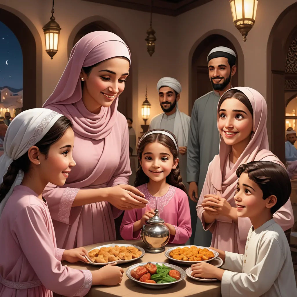 a painting of a family gathering around a table with food on it and a man in a turban, hurufiyya, a storybook illustration, Ella Guru, official art