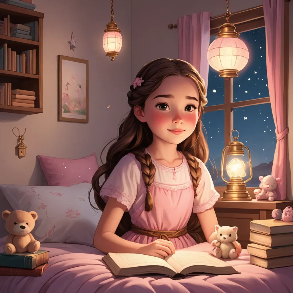 a girl sitting on a bed reading a book with a teddy bear beside her and a lamp on the window, fantasy art, a storybook illustration, Clarice Beckett, storybook illustration