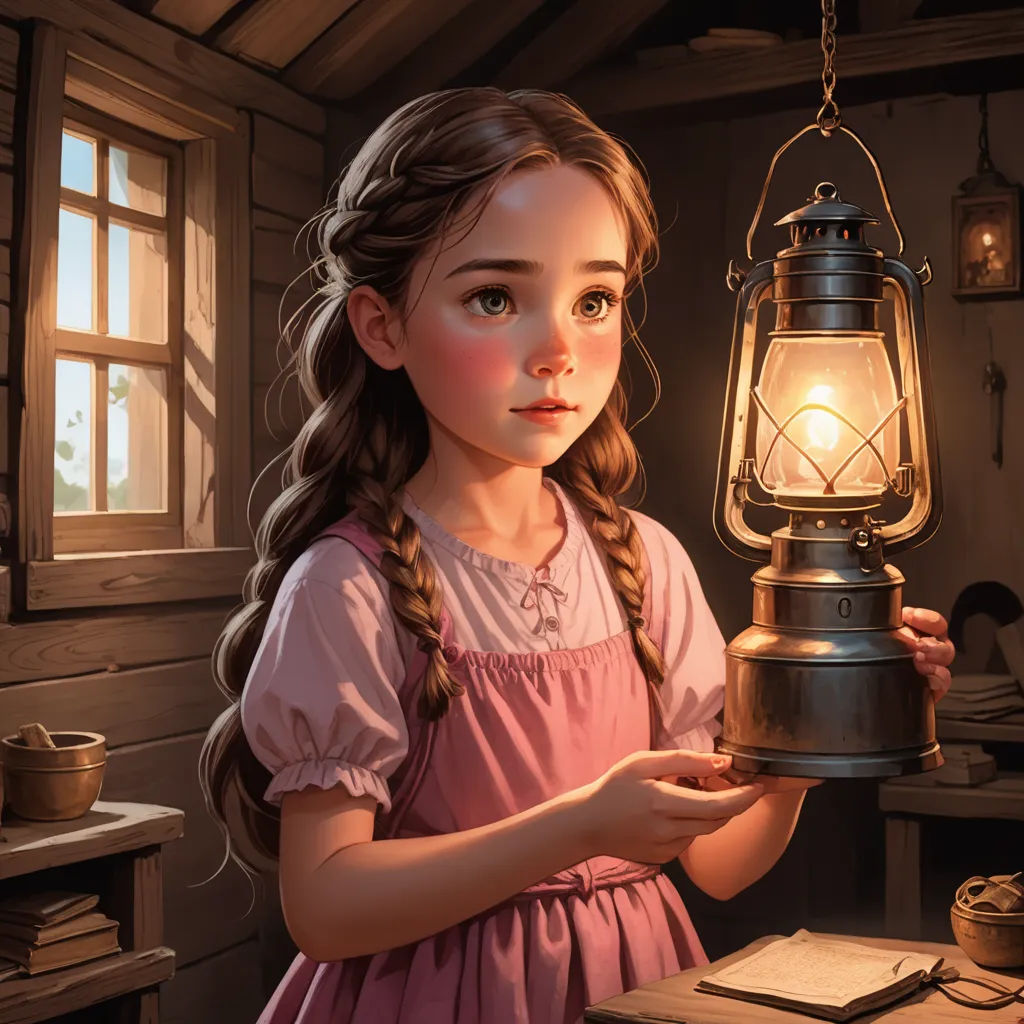 a little girl holding a lantern in a room with a window and a table with a book on it, fantasy art, a storybook illustration, Alejandro Burdisio, trending on art station