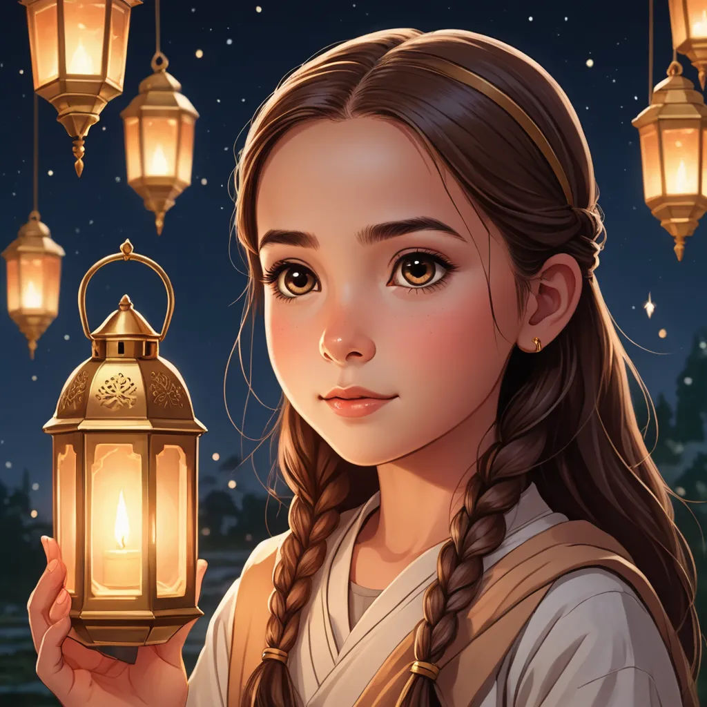 a girl holding a lantern in front of a night sky with stars and lights hanging from it's sides, fantasy art, a storybook illustration, Chen Lin, trending on art station