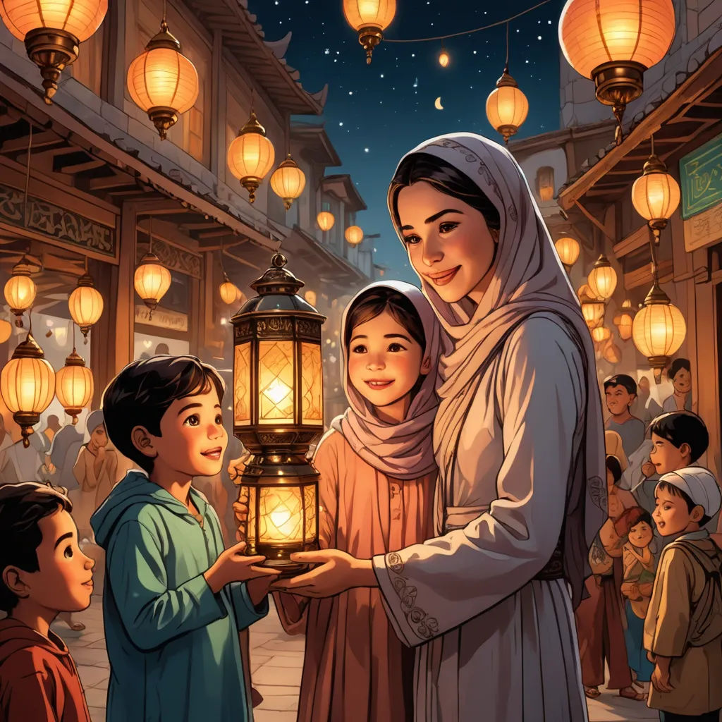 a woman holding a lantern with two children standing next to it in a crowded street at night with lanterns hanging from the ceiling, magical realism, a storybook illustration, Amir Zand, official art