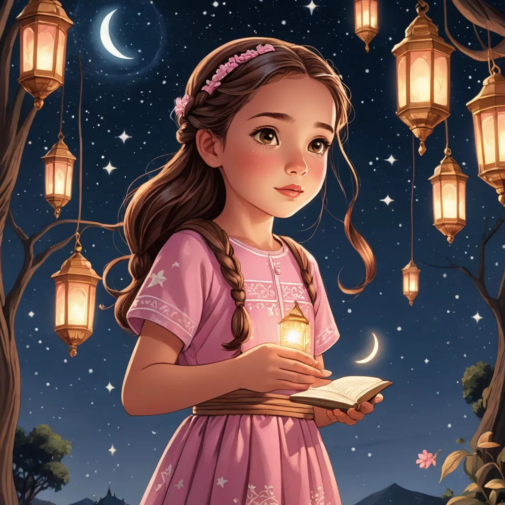 a little girl holding a book in her hands under a tree with lanterns hanging from it's branches, fantasy art, a storybook illustration, Anne Stokes, storybook illustration