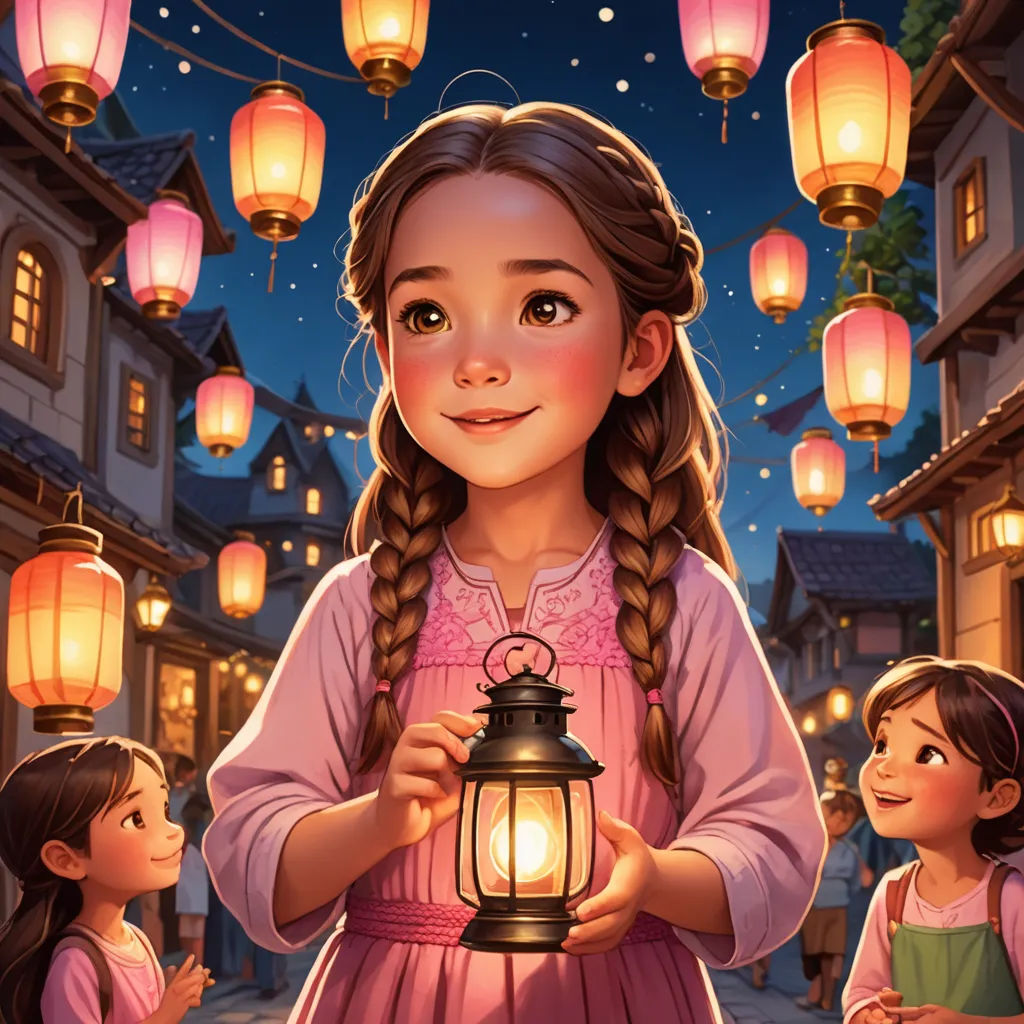 a girl holding a lantern in front of a street with lanterns hanging from the ceiling and two girls standing in front of her, fantasy art, a storybook illustration, Chen Lin, kinkade