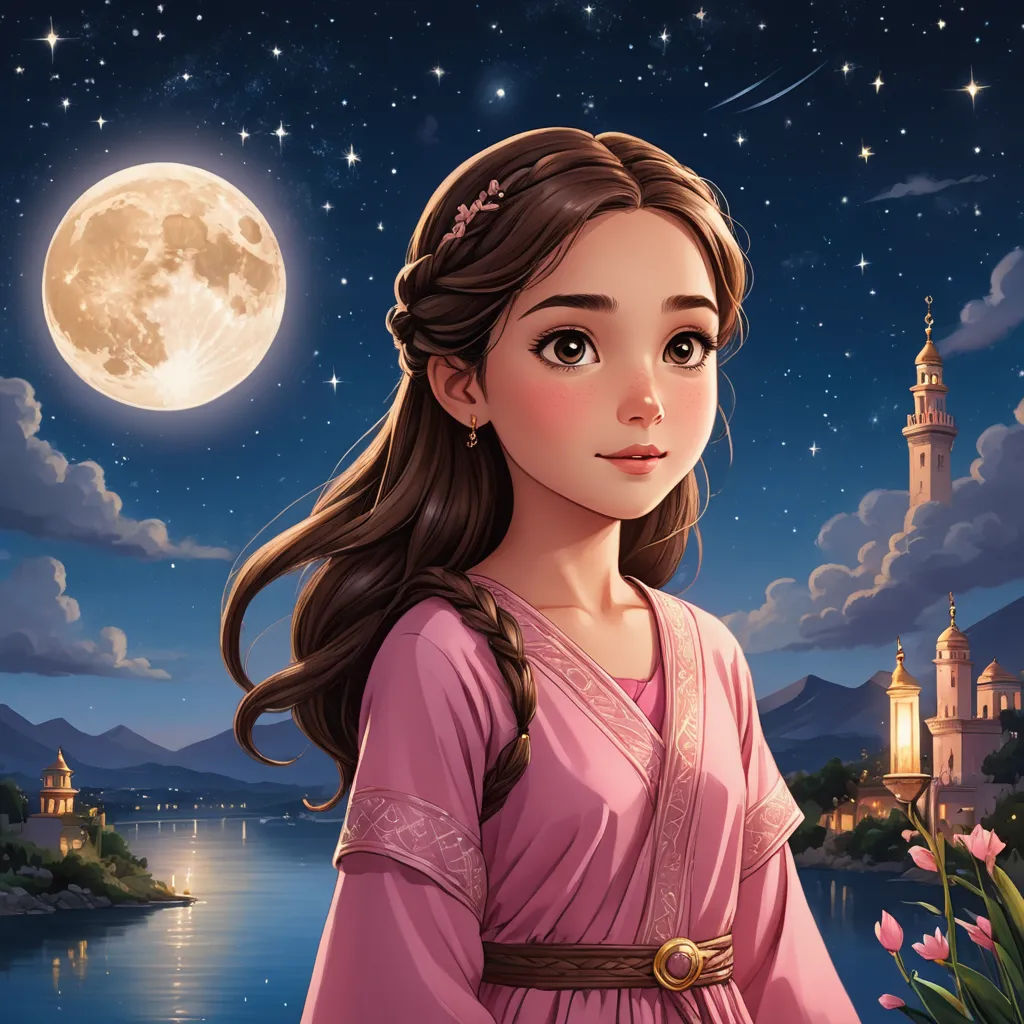 a girl in a pink dress standing in front of a lake with a castle in the background and a full moon in the sky, fantasy art, a storybook illustration, Cliff Childs, kinkade