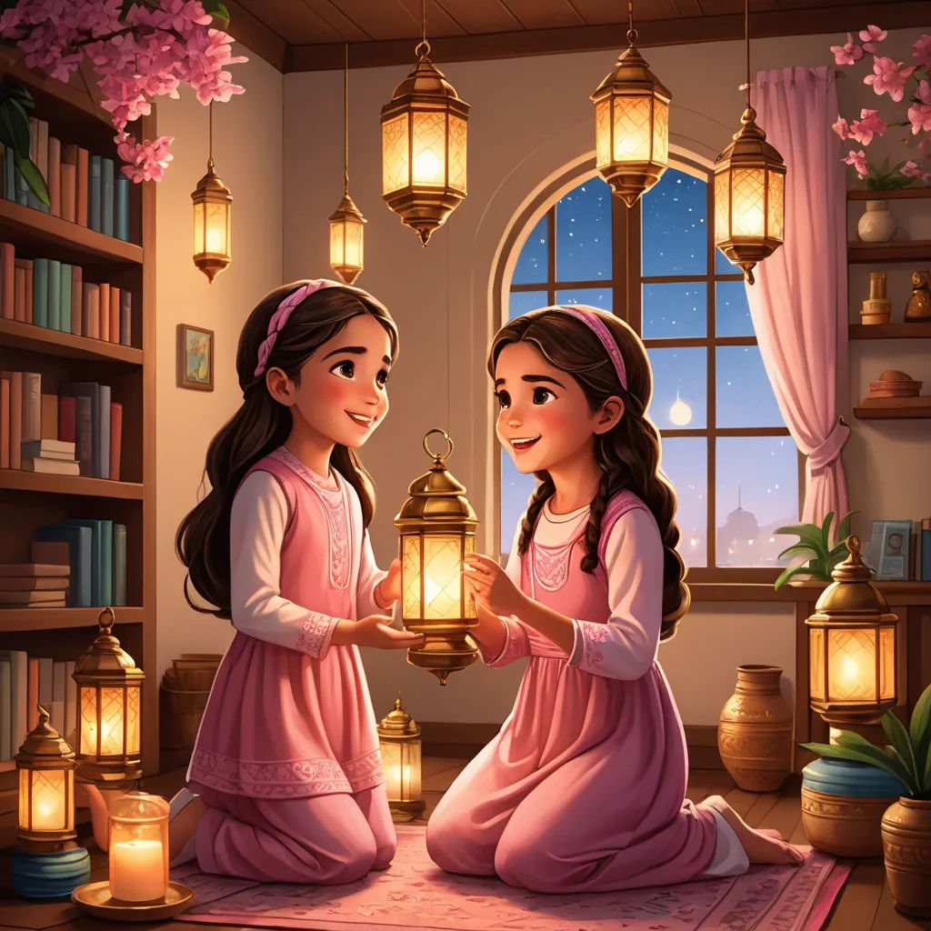 two girls are sitting on a rug holding a lantern in a room with a window and a rug on the floor, lyco art, a storybook illustration, Brothers Hildebrandt, storybook illustration