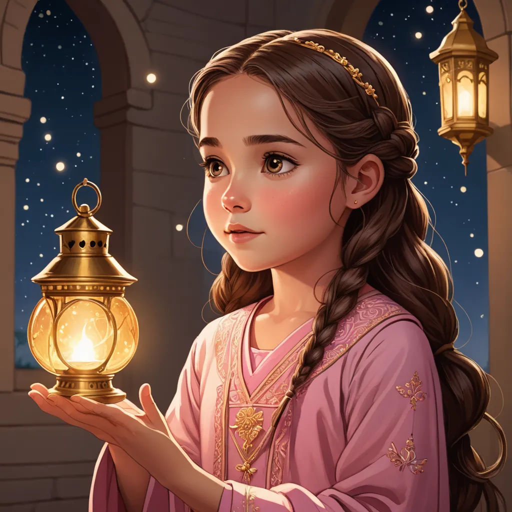 a girl holding a lantern in her hand with a night sky in the background and stars in the sky, fantasy art, a storybook illustration, Colin Middleton, kinkade