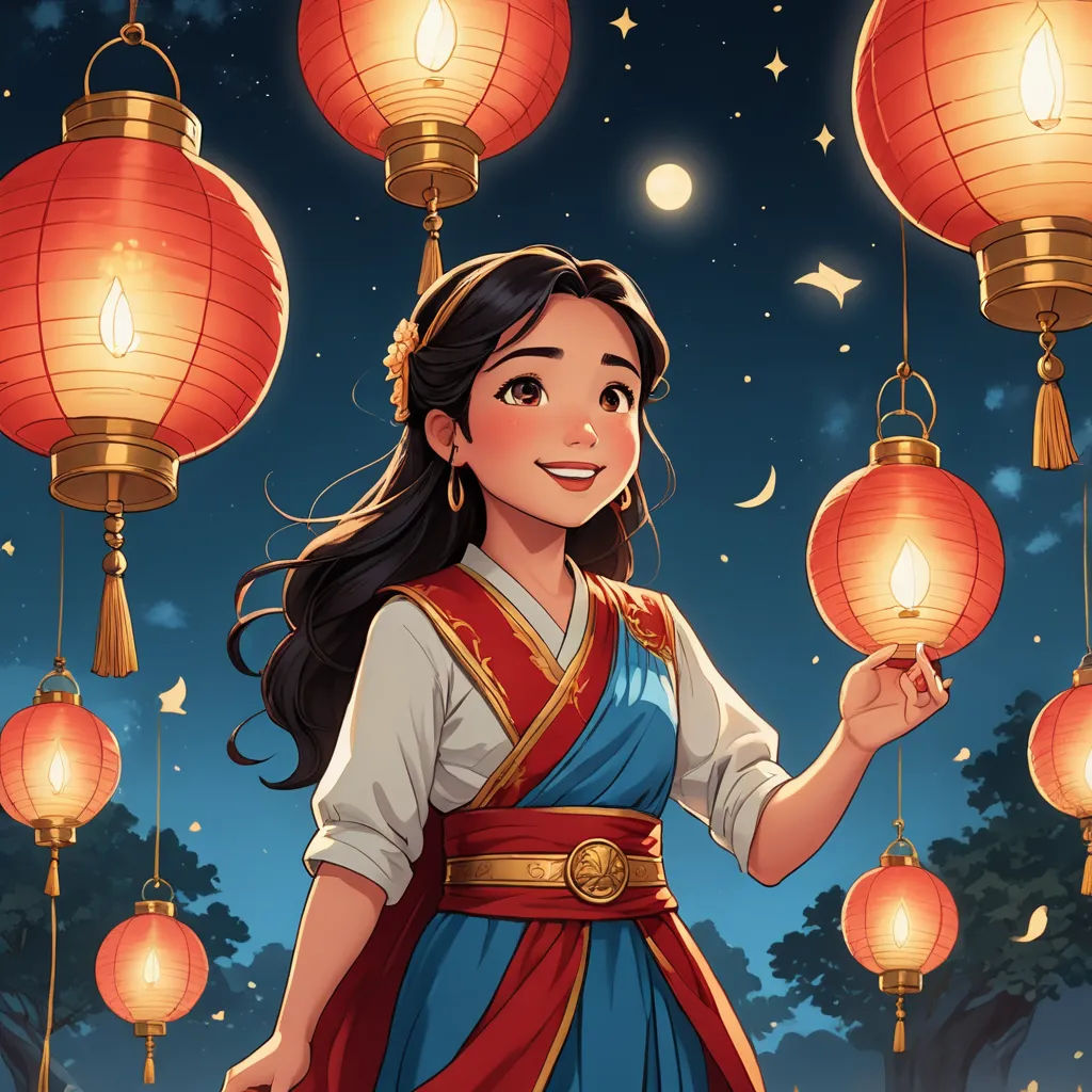 a cartoon of a woman holding a lantern in her hand and smiling at the camera with lanterns hanging above her, cloisonnism, a storybook illustration, disney, rossdraws global illumination