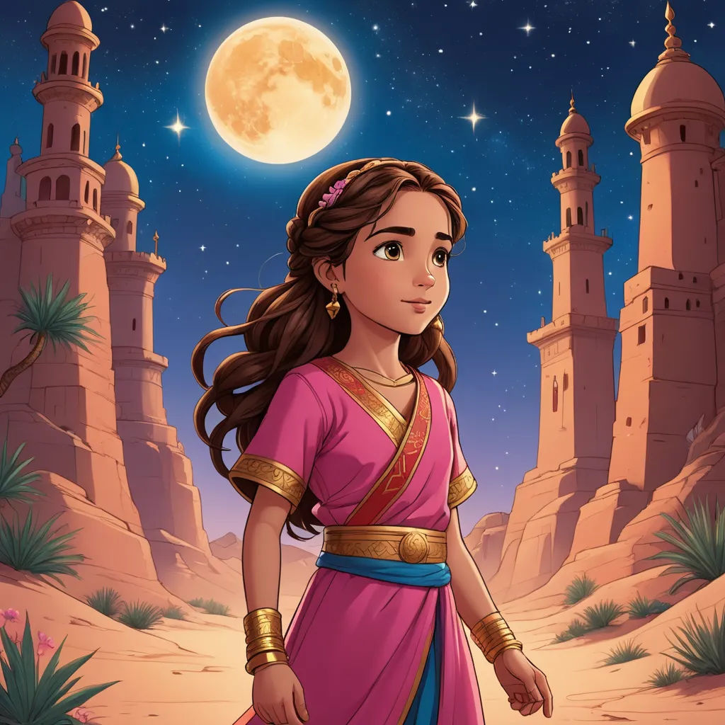 a girl in a pink dress standing in front of a desert landscape with a castle in the background and a full moon in the sky, hurufiyya, a storybook illustration, Ella Guru, comic cover art