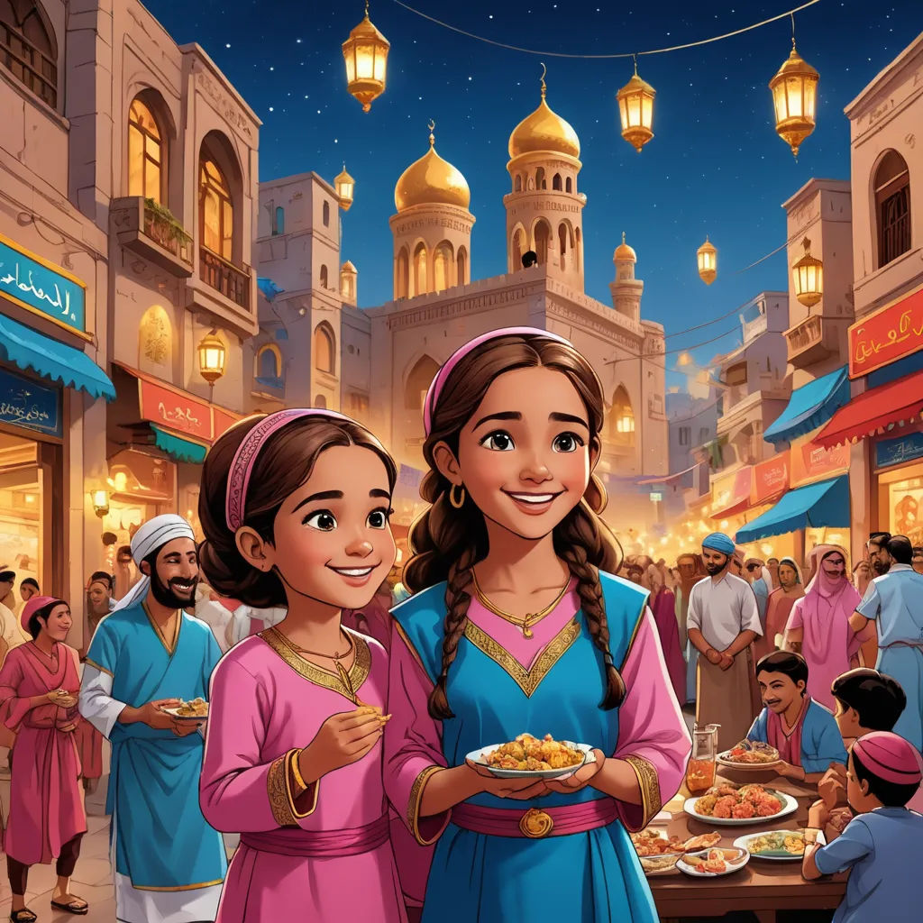 a couple of people standing in front of a building with food on a plate in front of them and people in the background, hurufiyya, a storybook illustration, Altoon Sultan, official art