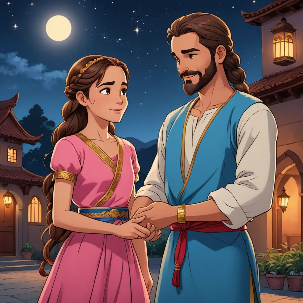 a man and a woman standing next to each other in front of a building at night with a full moon, serial art, a storybook illustration, Altoon Sultan, official art
