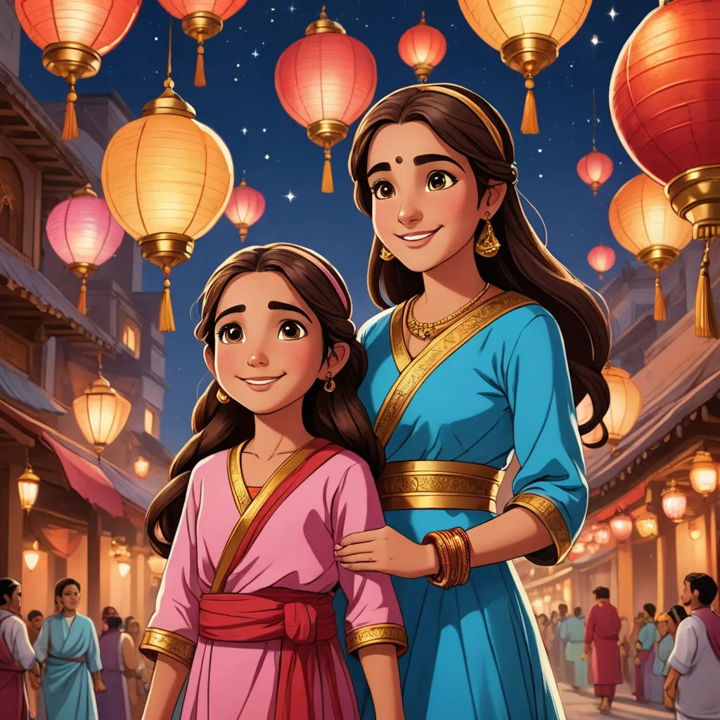 a cartoon of a woman and a girl standing in a street with lanterns in the background and a sky full of stars, cloisonnism, concept art, Altoon Sultan, orientalism