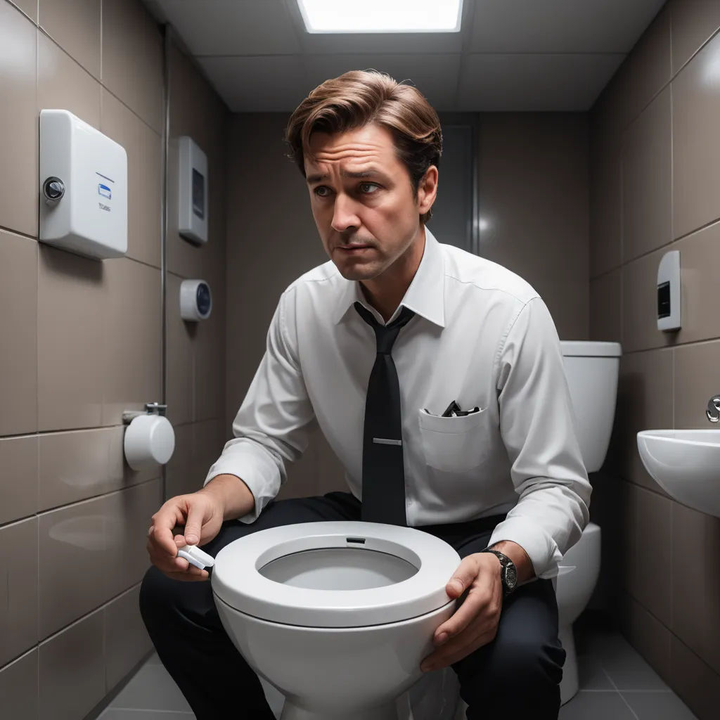 a man in a tie is sitting on a toilet in a bathroom with a light on above the toilet, new objectivity, a stock photo, David Annand, promotional image
