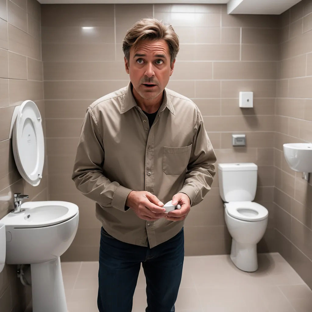 a man in a bathroom holding a toothbrush in his hand and looking surprised at the camera with a surprised look on his face, art brut, a stock photo, David Annand, promotional image